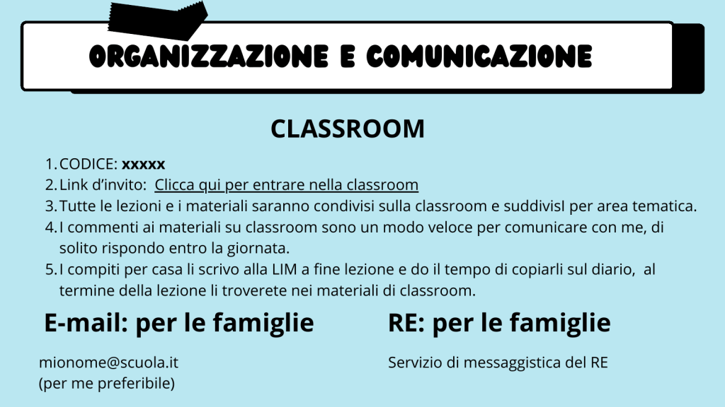 Slide con le istruzioni su Classroom, e-mail e registro elettronico, con codice e indirizzo di esempio.