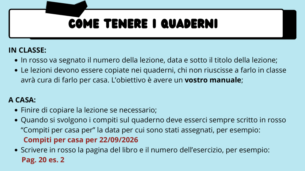 Slide con le regole per tenere i quaderni: numero, data e titolo in rosso in classe, e come intestare i compiti per casa.