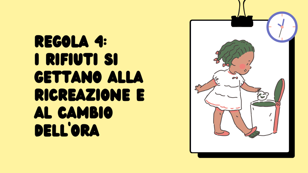 Slide con la regola 4: i rifiuti si gettano alla ricreazione e al cambio dell'ora, con l'illustrazione di una bambina che usa il cestino.